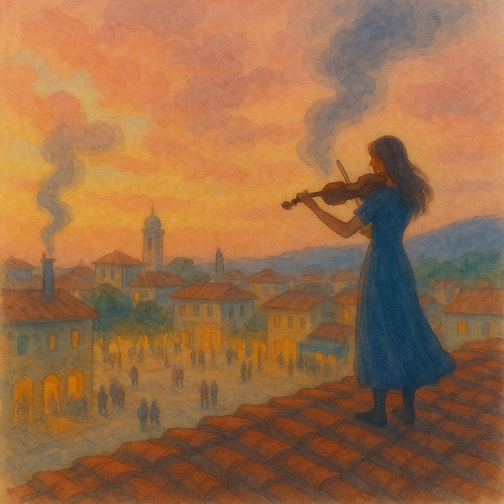 Watercolour of a violinist above a town at sunset